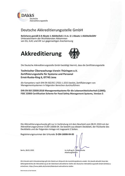 DAkkS (Deutsche Akkreditierungsstelle GmbH) аккредитация органа сертификации TÜV Thüringen e.V. по FSSC 22000