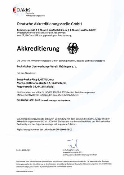 DAkkS (Deutsche Akkreditierungsstelle GmbH) аккредитация органа сертификации TÜV Thüringen e.V. по стандарту ISO 14001