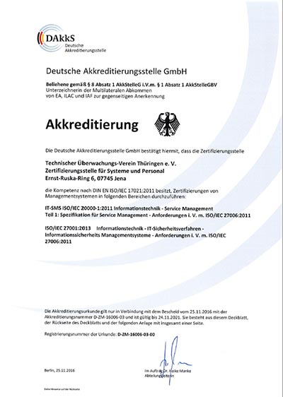 DAkkS (Deutsche Akkreditierungsstelle GmbH) аккредитация органа сертификации TÜV Thüringen e.V. по стандарту ISO/IEC 20000-1
