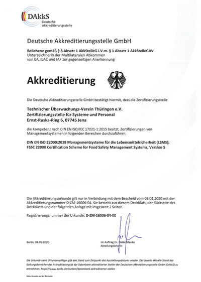 DAkkS (Deutsche Akkreditierungsstelle GmbH) аккредитация органа сертификации TÜV Thüringen e.V. по стандарту ISO 22000, FSSC 22000, HACCP