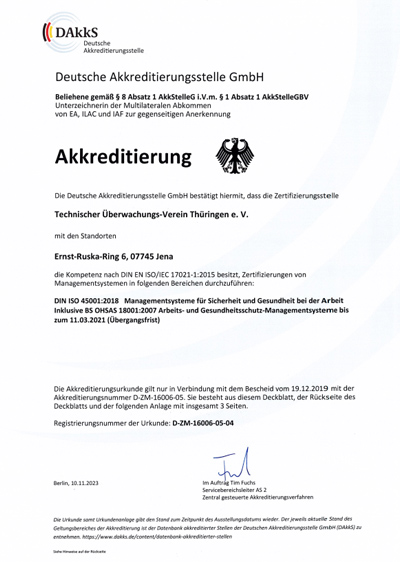 DAkkS (Deutsche Akkreditierungsstelle GmbH) аккредитация органа сертификации TÜV Thüringen e.V. по стандарту ISO 45001