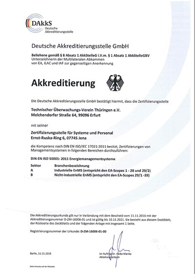 DAkkS (Deutsche Akkreditierungsstelle GmbH) аккредитация органа сертификации TÜV Thüringen e.V. по стандарту ISO 50001