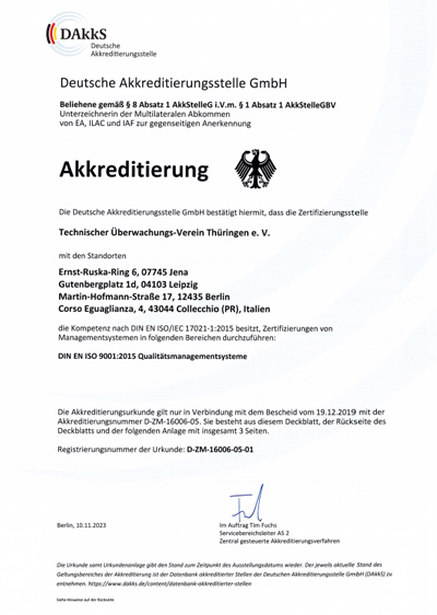 DAkkS (Deutsche Akkreditierungsstelle GmbH) аккредитация органа сертификации TÜV Thüringen e.V. по стандарту ISO 9001