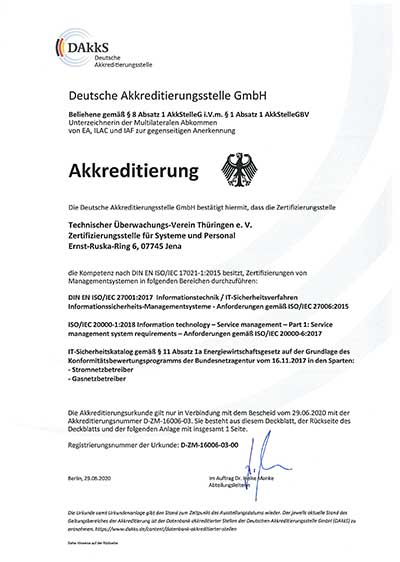 DAkkS (Deutsche Akkreditierungsstelle GmbH) аккредитация органа сертификации TÜV Thüringen e.V. по стандарту ISO/IEC 27001, ISO/IEC 20000-1