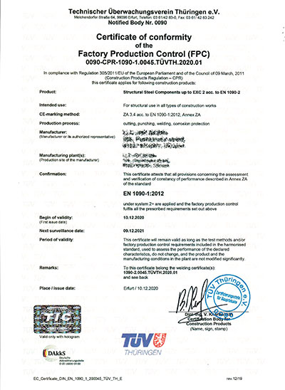 Образец сертификата EN 1090-1